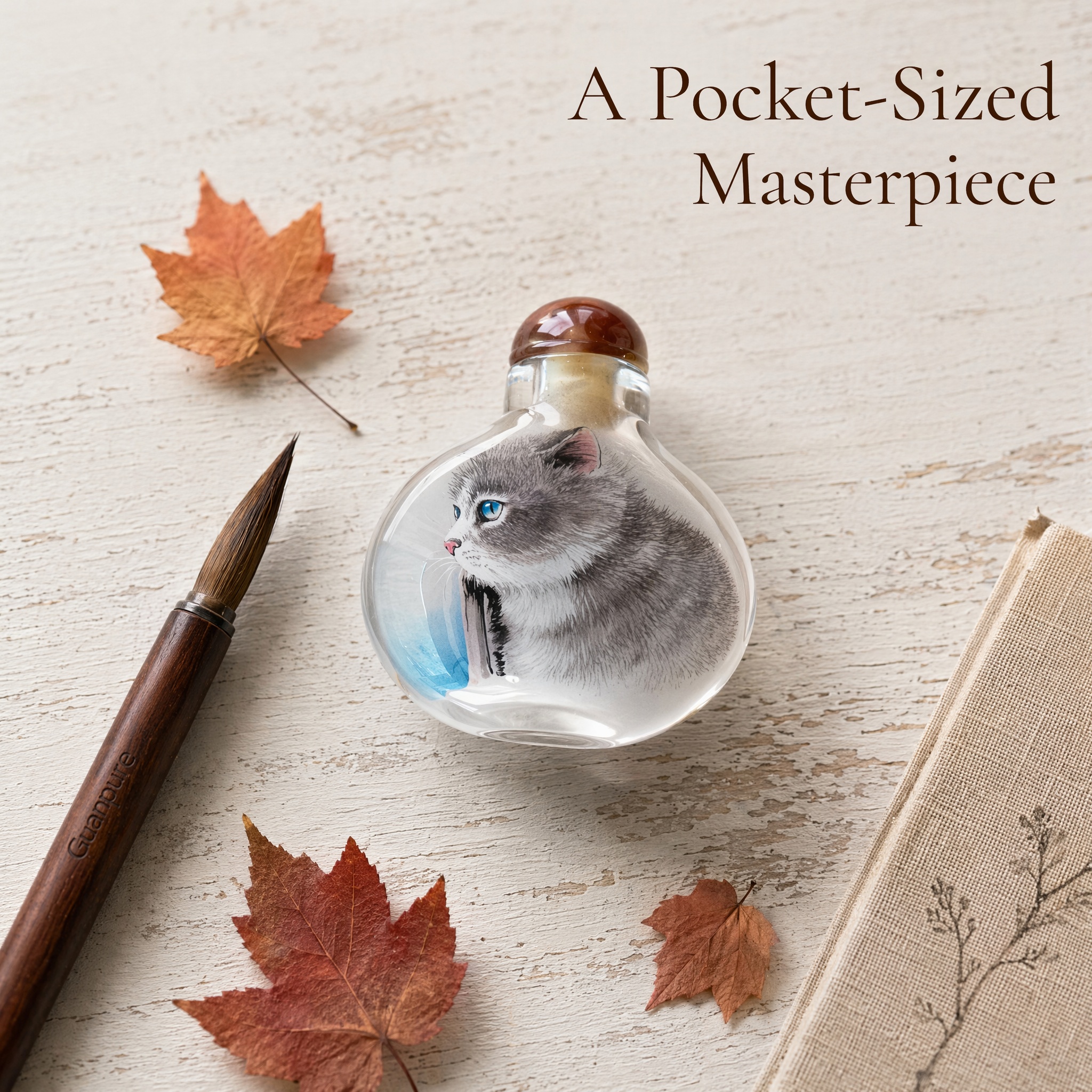 Engraved Porcelain Snuff Bottle (Cat)