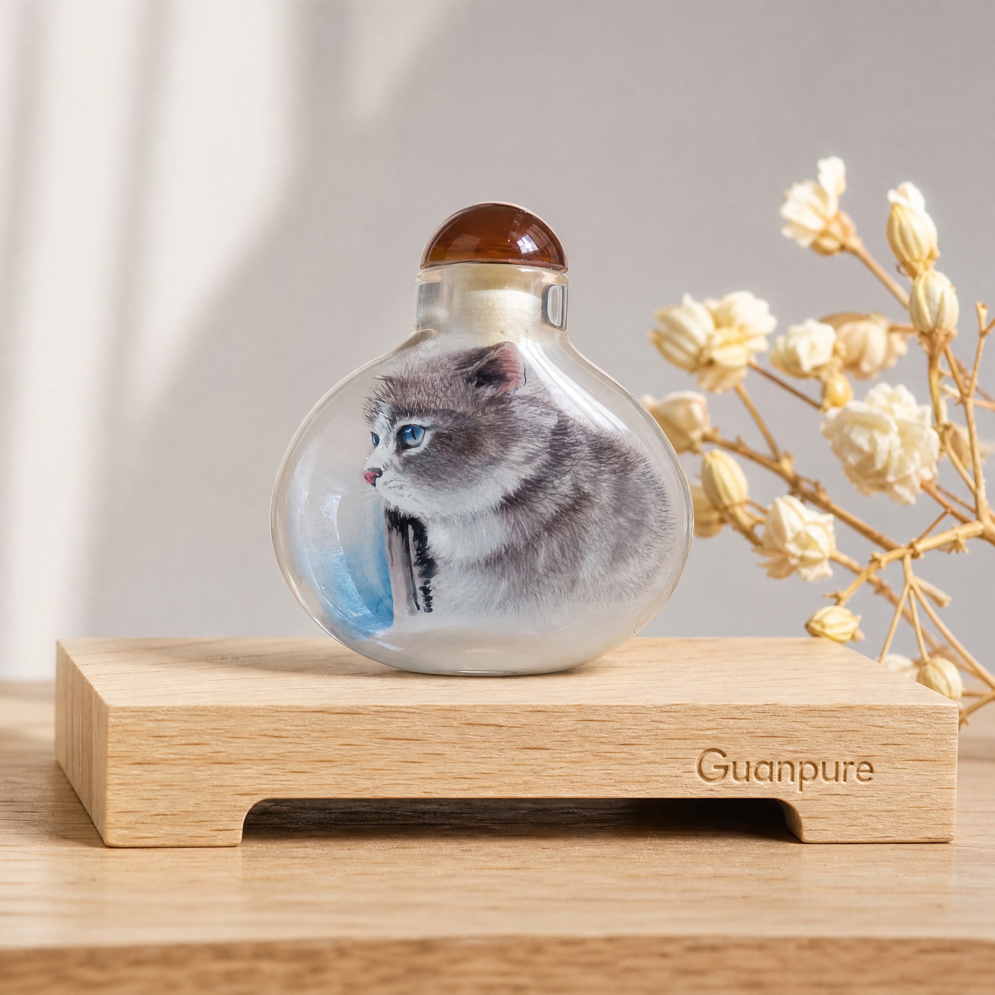 Engraved Porcelain Snuff Bottle (Cat) - Image 2