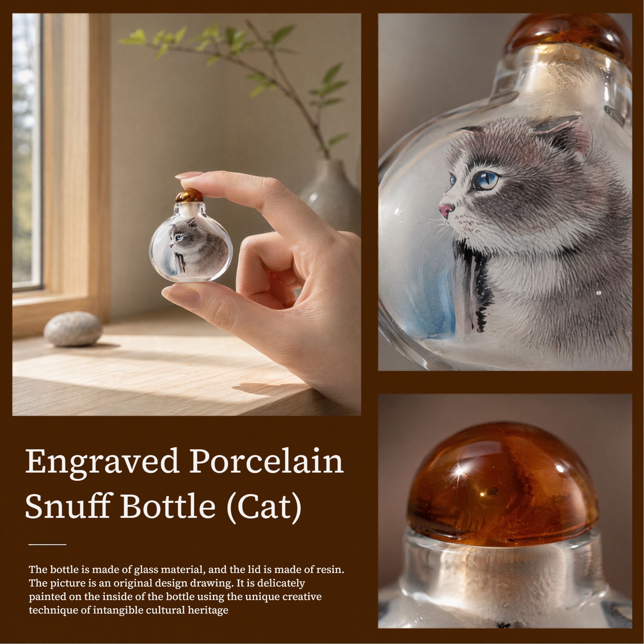 Engraved Porcelain Snuff Bottle (Cat) - Image 4
